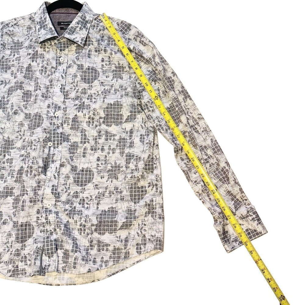 Bugatchi Long Sleeve Flip Cuff Shaped Fit Shirt Gray Floral Leaves Large - Picture 8 of 16